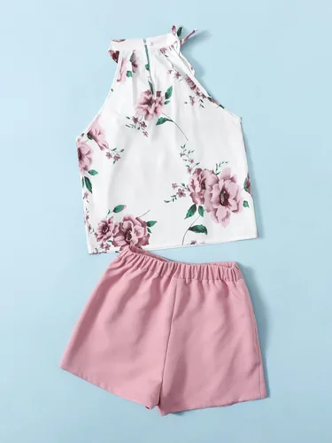 Vista 2 de WDIRARA Conjunto de 2 piezas para niña con estampado floral cuello halter y pantalones cortos