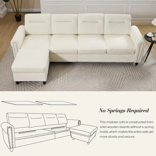 Vista 5 de Sofá modular en forma de L beige con otomana móvil para sala de estar, 106