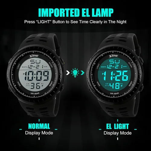 Vista 4 de Reloj deportivo digital resistente al agua para exteriores, fácil de leer, luz trasera, color negro, cara grande para hombre 1167, Negro, 49 mm