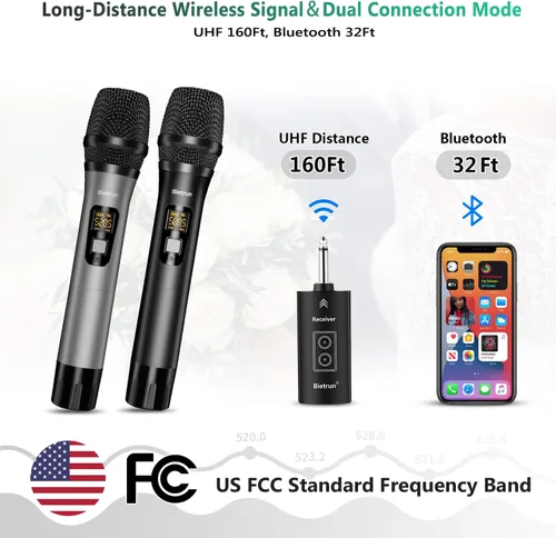 Vista 2 de Micrófono inalámbrico con Bluetooth, sistema de micrófono de metal dinámico de mano dual UHF profesional con receptor recargable, rango de 160 pies