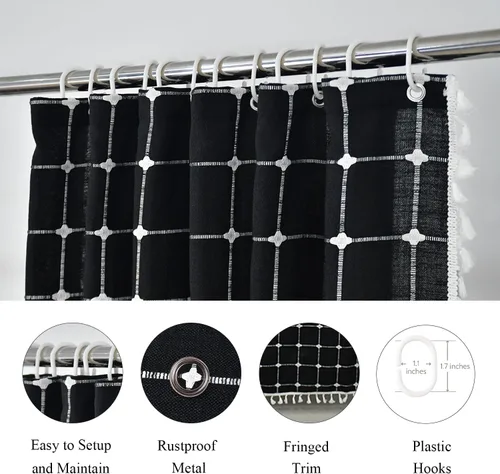 Vista 6 de Cortina de ducha de tela de estilo granja con rayas negras, cortina de baño bohemia de patchwork de gingham, cortina de baño rústica y elegante