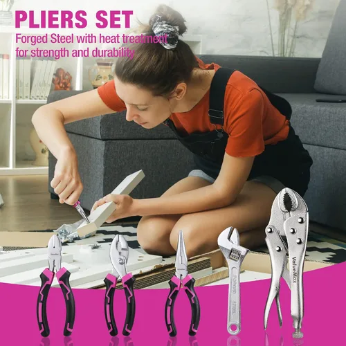 Vista 4 de ValueMax Kit de herramientas rosa, juego de herramientas de reparación del hogar de 218 piezas, kit de herramientas para el hogar con bolsa