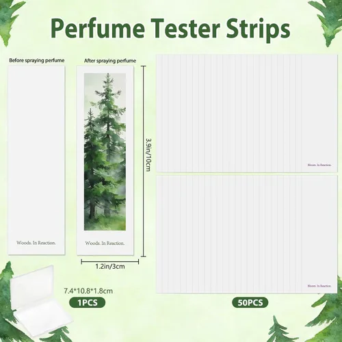 Vista 2 de 50 tiras de prueba de perfume con patrón de cedro, papel sensible al agua, tiras de prueba de fragancias reutilizables para aromaterapia de colonia