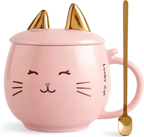 Vista 9 de Yuwu Taza de café de cerámica con cuchara y tapa, taza de 13.5 onzas con tapa de soporte para teléfono, bonita taza de té para mujeres y entusiastas