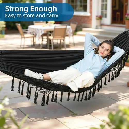 Vista 5 de Hamaca doble de estilo brasileño con flecos, hamaca de patio para 2 personas para patio trasero e interior, tela suave y transpirable, fácil