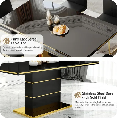 Vista 4 de Mesa de comedor moderna negra para 6 personas, mesa de cocina rectangular de 63 pulgadas con acabado lacado dorado y base de pedestal de acero