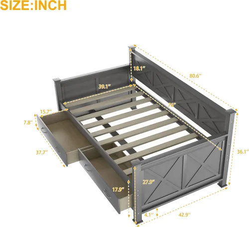 Vista 2 de Bellemave Marco de sofá cama individual con cajón, sofá cama de madera con cajones de almacenamiento, sofá cama capitán para niños (gris)