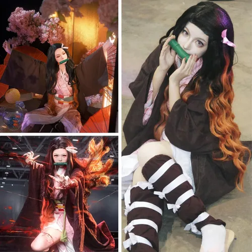 Vista 2 de SL Nezuko - Peluca de cosplay + cinta rosa para DS, peluca larga negra y naranja, pelucas de pelo de anime con gorra para fiesta de disfraces