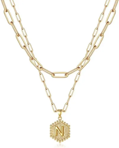 Vista 34 de M MOOHAM - Delicado collar de oro para mujer, de 14 quilates, en capas, lindos collares con letra hexagonal con inicial para mujer, regalos