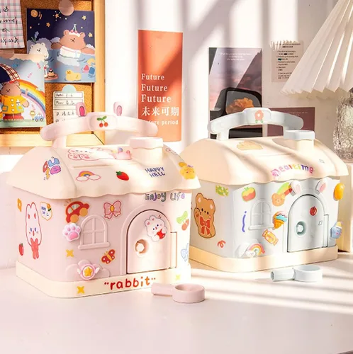 Vista 6 de Alcancía Kawaii con calcomanías y parches, banco de dinero Kawaii para papel y monedas, bonita caja de almacenamiento de artículos para la escuela