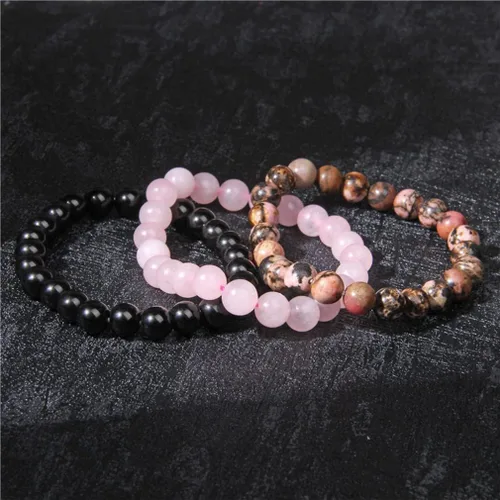 Vista 5 de 3 pulseras de cuentas de piedras semipreciosas de 0.315 pulgadas para mujeres y hombres, pulseras de piedra de cristal curativo, pulseras elásticas