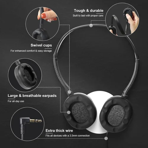 Vista 3 de Flutesan Paquete de 30 auriculares con cable, auriculares ajustables en la oreja con estéreo, auriculares para escuelas, laptop, viajes, avión, Negro