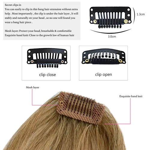 Vista 3 de Extensiones de cabello humano con clip, de cara frontal plana, flequillo, con sienes, rubio oscuro, suave, piezas de cabello humano real para mujer