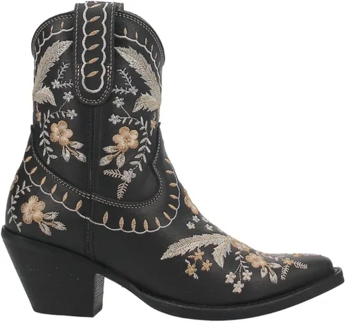 Vista 3 de Dingo - Botas con bordados florales de prímula para mujer, de punta triangular, tacón bajo de 1-2 pulgadas, color negro