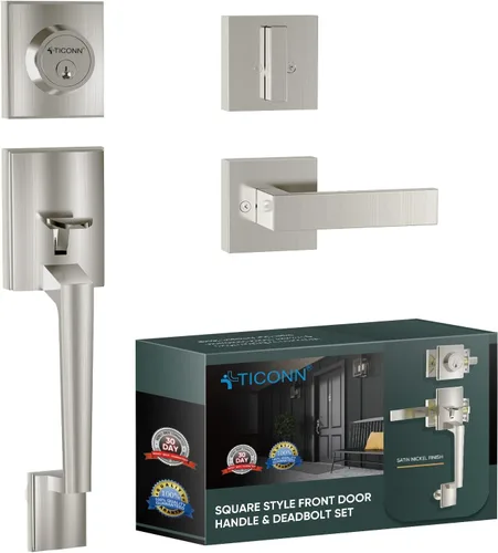 Vista 24 de TICONN Juego de manijas para puerta delantera doble, palanca de puerta cuadrada de servicio pesado y combo de cerrojo de cilindro único para puertas