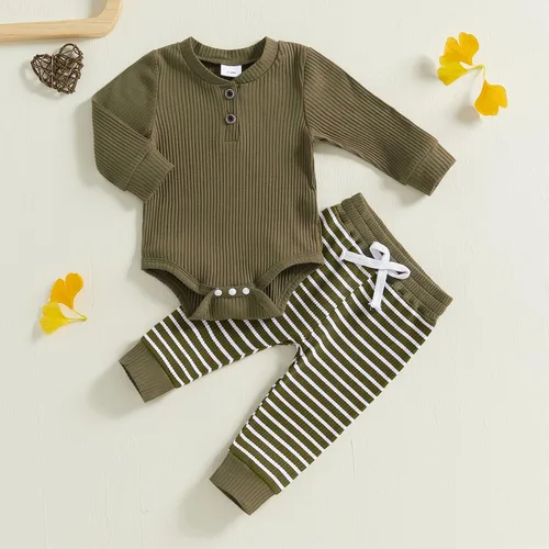 Vista 2 de Ropa para Bebé Recién Nacido Niño Niña Mameluco de Punto Acanalado Manga Larga Pantalones Algodón Sólido Conjuntos de Otoño Invierno para Bebés 2