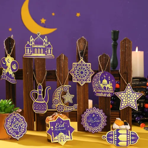 Vista 4 de Panelee 36 adornos de Ramadán para árbol Eid Mubarak decoración colgante de madera de castillo, faroles de estrella, luna, decoración islámica