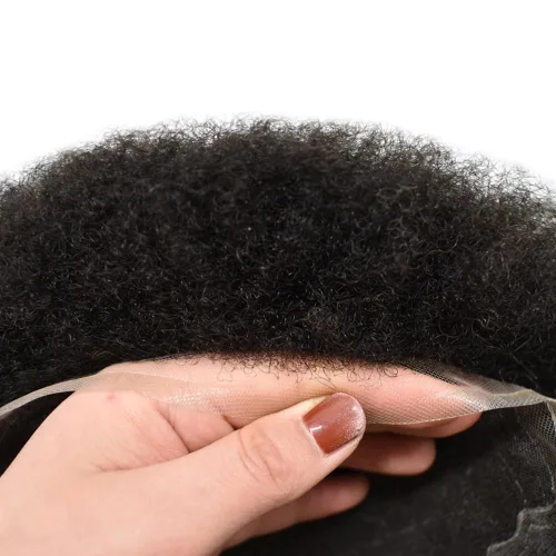 Vista 3 de Peluca de encaje suizo rizado afro para hombre, sistema de repuesto de peluca de encaje completo, extensiones duraderas de cabello humano #1 Negro