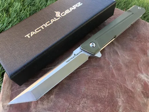Vista 7 de TACTICAL GEARZ EDC - Cuchillo plegable de bolsillo, mango G10, hoja tanto de acero D2, incluye funda (ST negro)