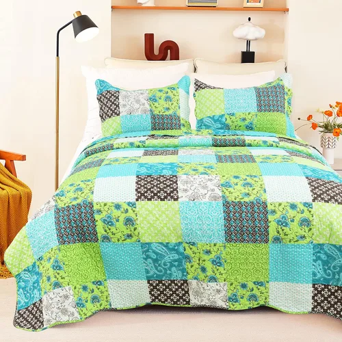 Vista 23 de Cmfshape - Juego de cama con edredón acolchado floral de verano tamaño king, juego de colcha rosa romántico, cubrecama reversible cosido para todas