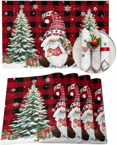 Vista 14 de Juego de 4 manteles individuales de árbol de Navidad, mantel rojo para decoración de mesa de comedor, manteles lavables de lino de algodón a cuadros