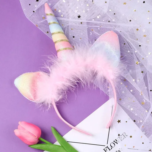 Vista 4 de Alas de unicornio con diadema para niñas alas de ángel de plumas accesorios de disfraz de Halloween decoraciones de cumpleaños