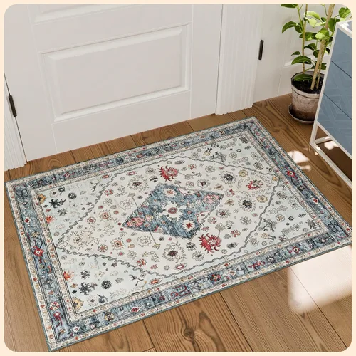 Vista 295 de Istana Alfombra larga antideslizante de 2.5 x 8 para el hogar, para pasillo y cocina, lavable, sedosa y suave al tacto, elegante, color azul y marfil
