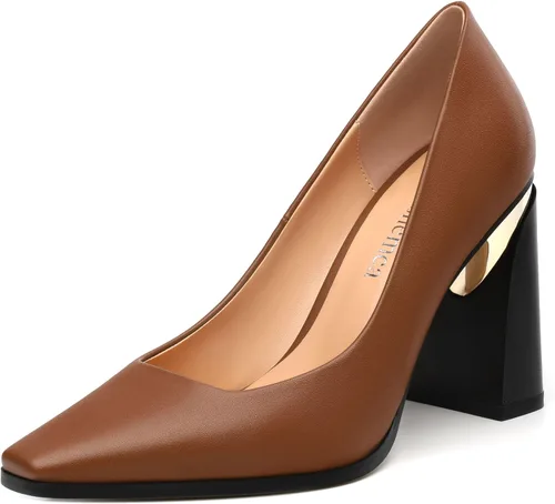 Vista 14 de Tacones altos para mujer, zapatos de vestir de tacón grueso con puntera cuadrada cerrada de patente, tacones elegantes, zapatos de vestir diarios