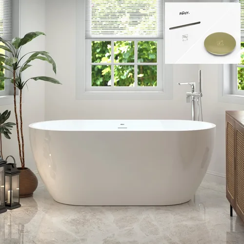 Vista 25 de FerdY Bañera independiente de acrílico Bali de 47 pulgadas, bañera independiente con forma elegante, certificado cUPC, drenaje dorado cepillado