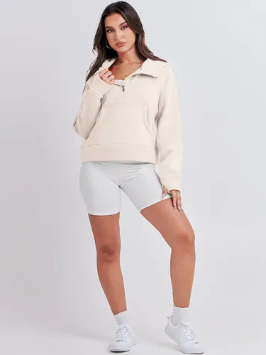 Vista 6 de ANRABESS Sudaderas con capucha corta con media cremallera para mujer, sudadera de forro polar con cremallera de un cuarto, ropa de invierno 2023