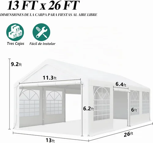 Vista 5 de GARTOO Carpa para Fiestas y Cochera de 13' x 26' - Cenador Resistente para Bodas al Aire Libre con 4 Bolsas de Arena, Toldo de Refugio para Eventos