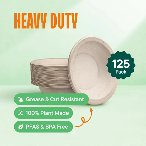 Vista 2 de Cuencos de papel, 100% compostables desechables para sopa [paquete de 125] - libres de PFAS - Certificado BPI - [16 onzas] resistentes, ecológicos