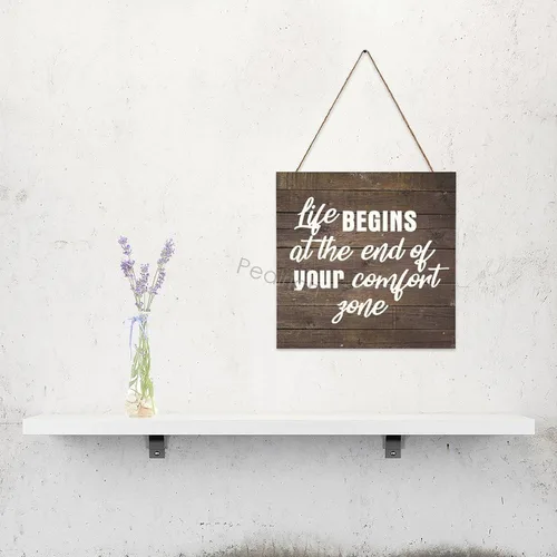 Vista 4 de PEALRICH Letrero colgante de madera con cita motivacional "Life Begins At The End Of Your Comfort Zone", placa artística para decoración de pared