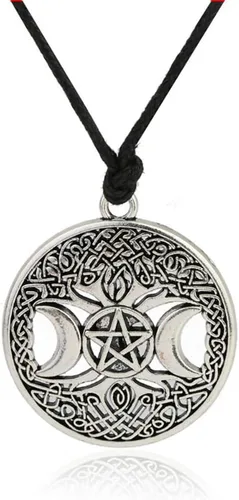 Vista 6 de Collar con colgante de estrella de pentagrama de triple luna celta con nudo celta, joyería pagana redonda Dorado antiguo