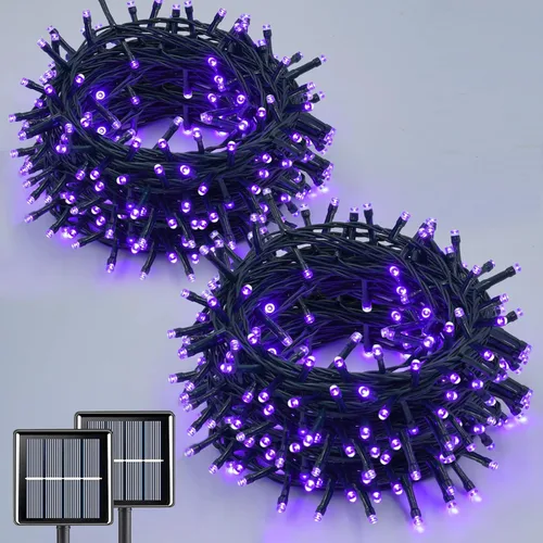 Vista 12 de QITONG Paquete de 2 luces solares azules y blancas de Navidad, cada cadena de 200 luces LED solares de 66 pies para exteriores, impermeable, 8 modos