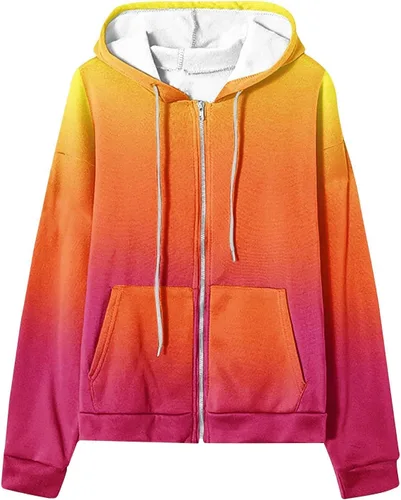 Vista 4 de Sudaderas casuales de manga larga para mujer, sudaderas con capucha con estampado gráfico degradado, con cremallera, cómoda sudadera a la moda