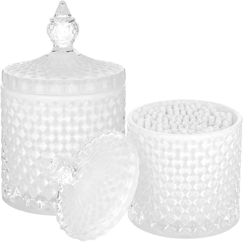 Vista 15 de Paquete de 2 Portacotonetes Frascos de Boticario de Vidrio Grueso con Tapa para Decoración de Baño Organizador de Almacenamiento para Hisopos
