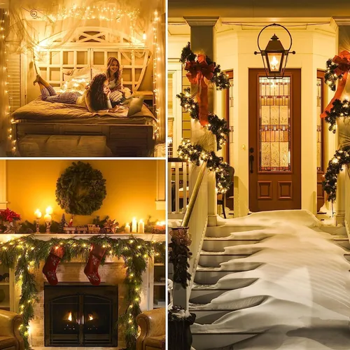 Vista 7 de Guirnalda de 100 luces LED conectables para interiores y exteriores, luces de Navidad blancas cálidas de 33 pies, impermeables, 13 modos