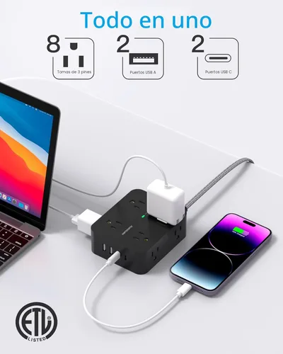 Vista 2 de Protección Contra Sobretensiones con Alargador de Corriente, HANYCONY 8 Salidas con 4 Puertos de Carga USB (2 USB C), Extensor de Salidas Laterales