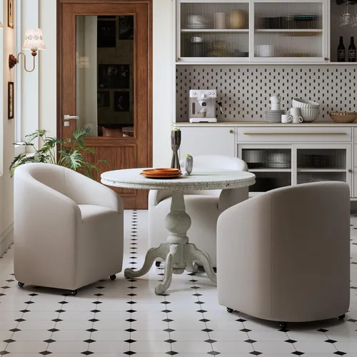 Vista 4 de Sillas de comedor de barril con ruedas, sillas tapizadas de lino beige para comedor y cocina, sillón lateral moderno con ruedas para dormitorio