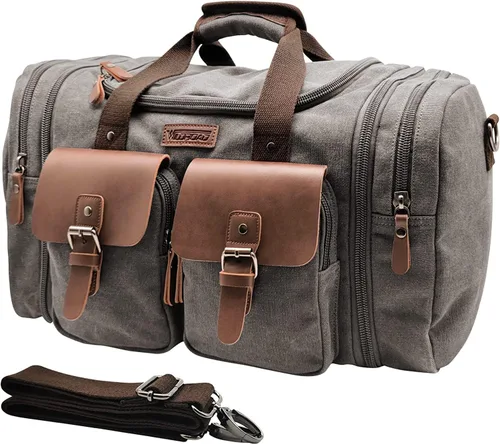 Vista 19 de Wildroad Bolsa de viaje de lona de 50L, bolsa de lona expandible de cuero genuino, bolsa de fin de semana mejorada para una noche, bolsa de mano