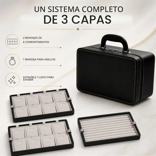 Vista 4 de Oirlv Joyero de cuero negro hecho a mano, organizador de joyas de viaje, estuche de almacenamiento para niñas, aretes, anillos, collares, colgantes