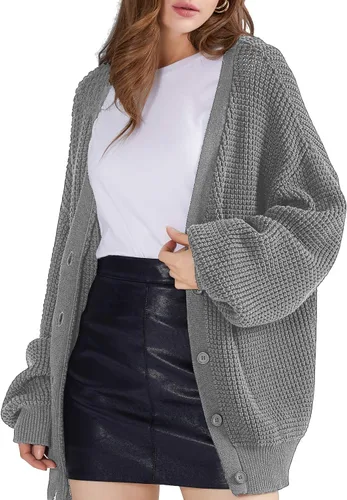 Vista 6 de QUALFORT - Suéter tipo cárdigan de punto para mujer, 100% algodón, de manga larga, con botones y de gran