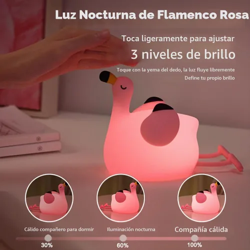 Vista 2 de Flamingo Night Light for Kids, Pink Silicone Squishy Dimmable Nursery Lamp Lámpara Flamingo