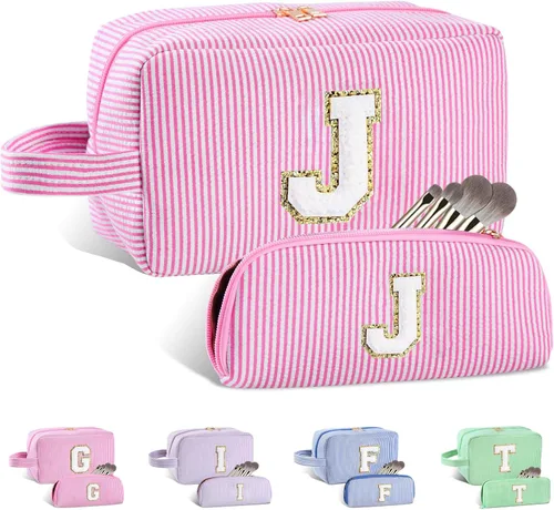 Vista 161 de Bolsa de maquillaje personalizada con inicial A-Z para mujeres, niñas y niños, bolsa de aseo de viaje, bolsa de maquillaje preparada, bolsa