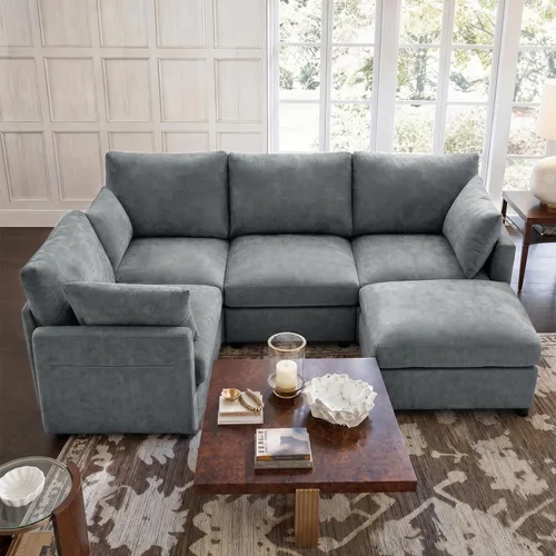 Vista 44 de Iroomy Sofá modular modular para sala de estar, asiento con cojín de resorte, moderno sofá convertible en nube con otomana, gris