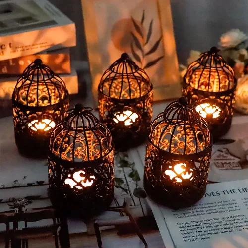 Vista 8 de JHY DESIGN 6 portavelas de metal pequeño de 5.5 pulgadas de altura para colgar en jaula de pájaros, farol de té huecos, portavelas huecos para mesa