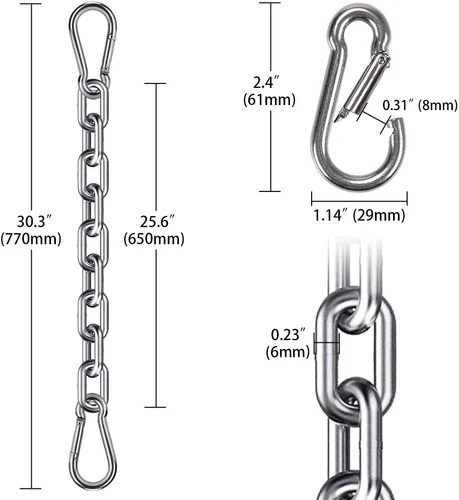 Vista 6 de Juego de 2 cadenas para saco de boxeo y 4 mosquetones, de acero inoxidable resistente, kit de cadena de silla colgante para hamaca para interiores