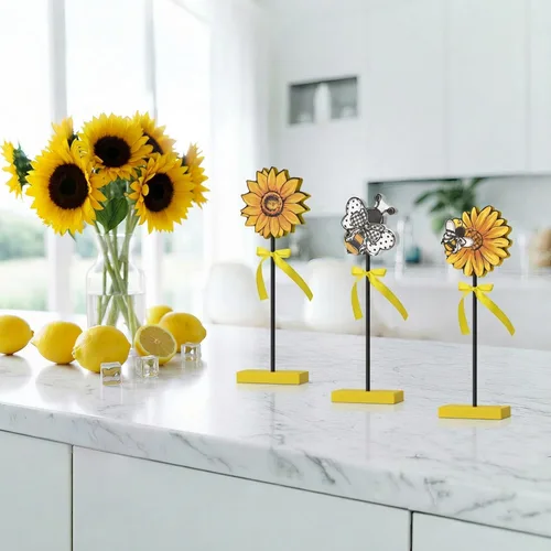 Vista 4 de Smile - 3 piezas de decoración de madera para interiores, estilo de abeja de girasol, centros de mesa de verano para el hogar, cocina, exhibición