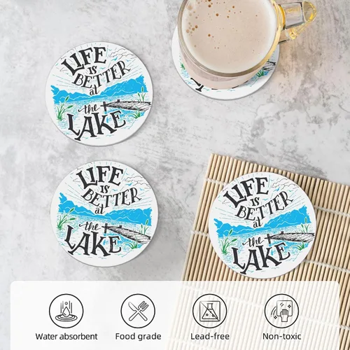 Vista 4 de Life is Better - Juego de 4 posavasos de cerámica absorbente para mesa de café, barra de madera, 4 pulgadas